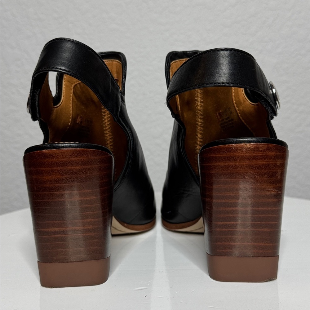 FRANCO SARTO ICELYNN BLACK LEATHER PEEP TOE BLOCK HEELED ANKLE STRAP BOOTIE - Picture 10 of 15